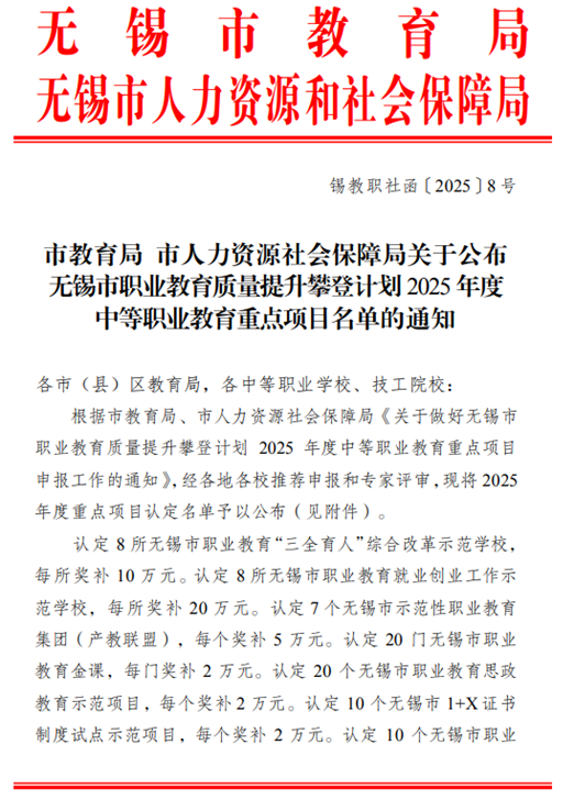 喜报：我校多个项目入选无锡市职业教育质量提升攀登计划2025年度重点项目